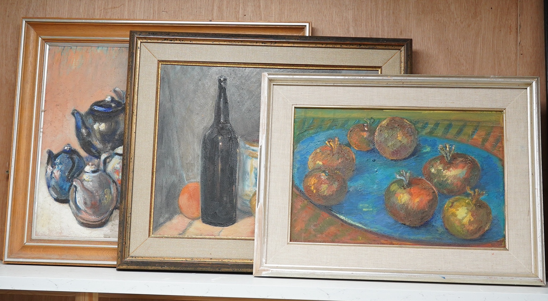 Isobel Knight Barnard, three oils on canvas and board, Still life’s of fruit and vessels, two signed, largest 39 x 49cm. Condition - good